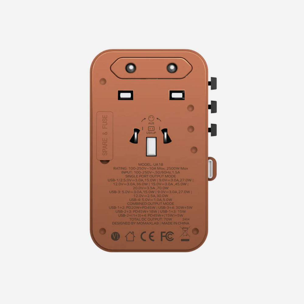 1-World 3-Port GaN+AC Travel Adapter 70w