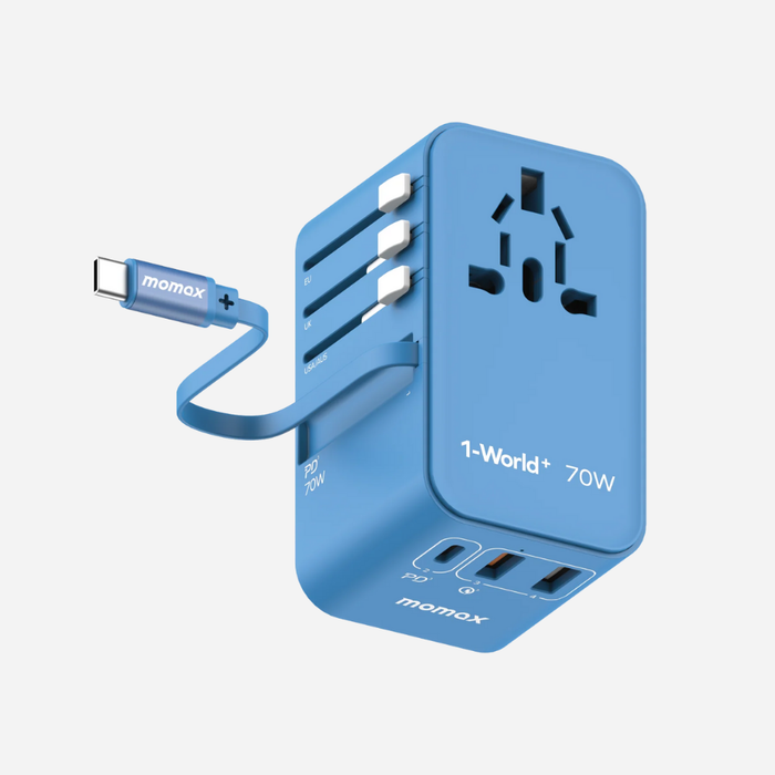 1-World 3-Port GaN + AC Travel Adapter 70W