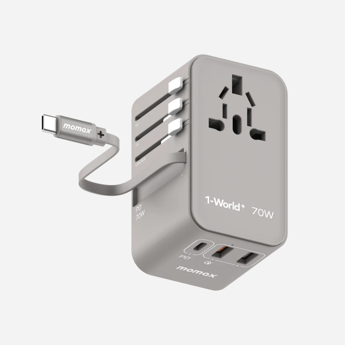 1-World 3-Port GaN + AC Travel Adapter 70W