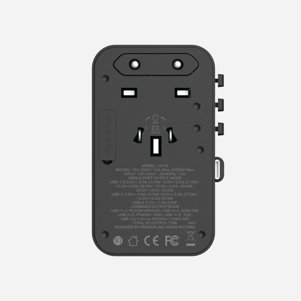 1-World 3-Port GaN + AC Travel Adapter 70W
