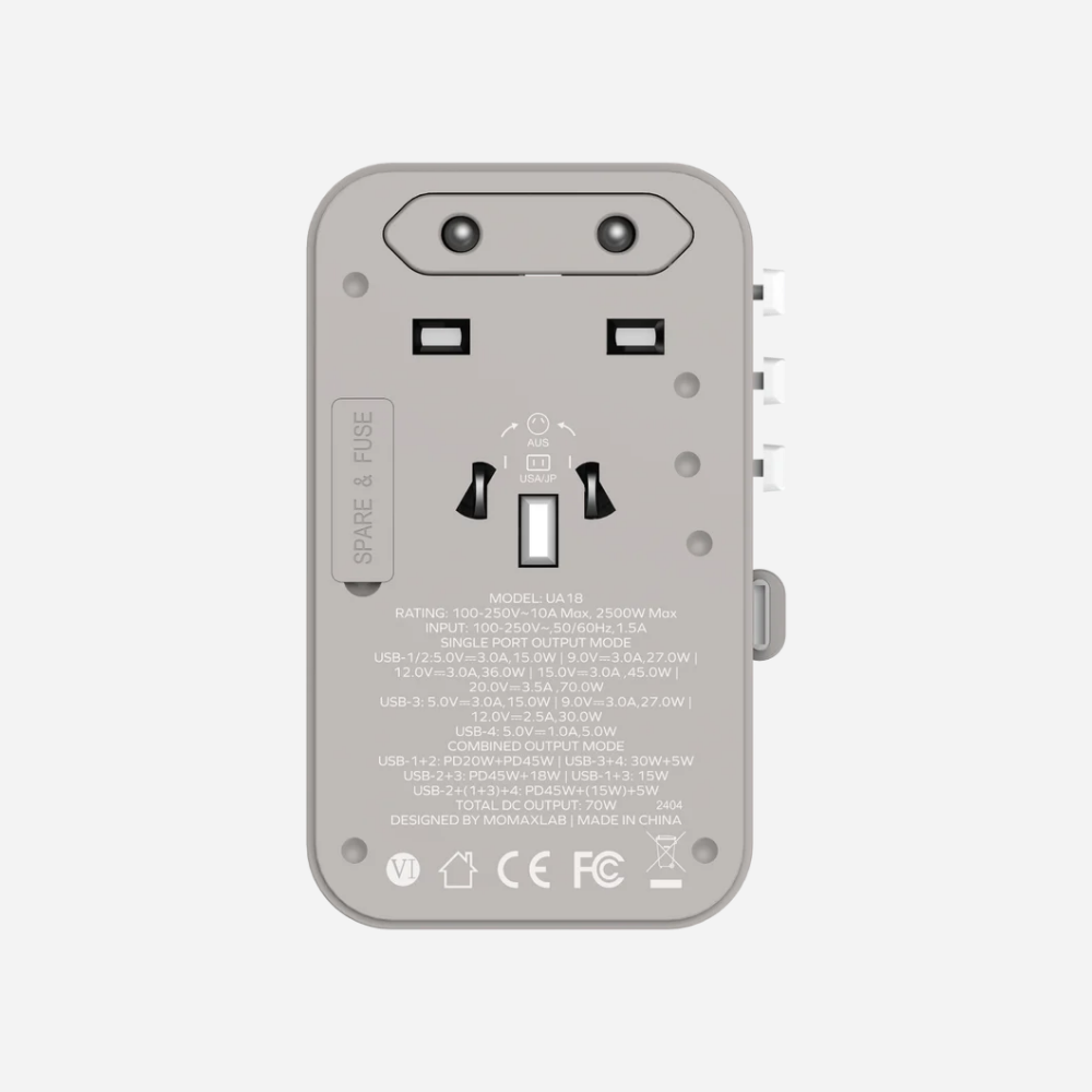 1-World 3-Port GaN + AC Travel Adapter 70W