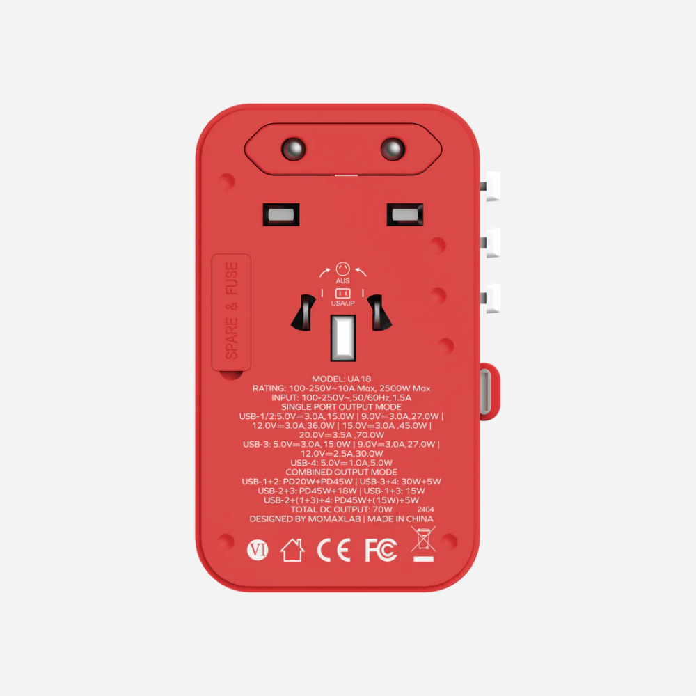 1-World 3-Port GaN + AC Travel Adapter 70W