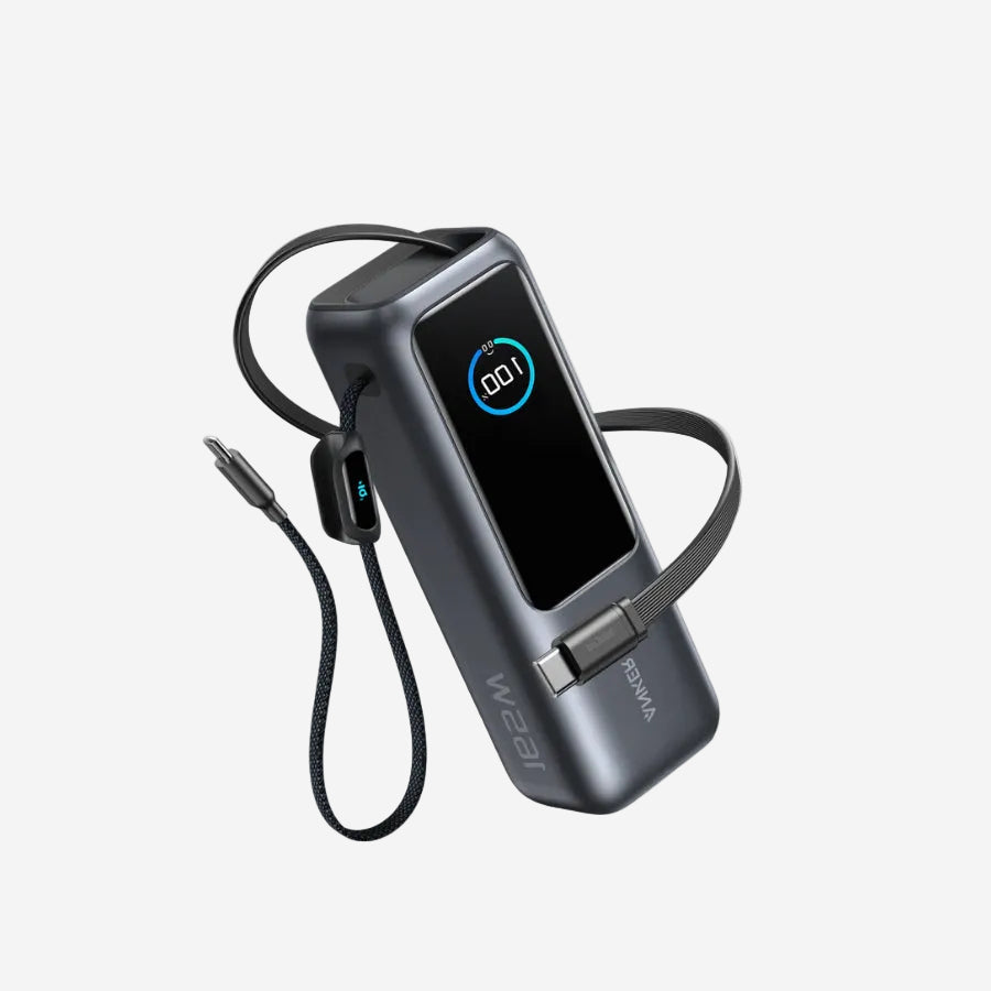 Power Bank 25000mAh with Built-In and Retractable Cable 165W - Gray