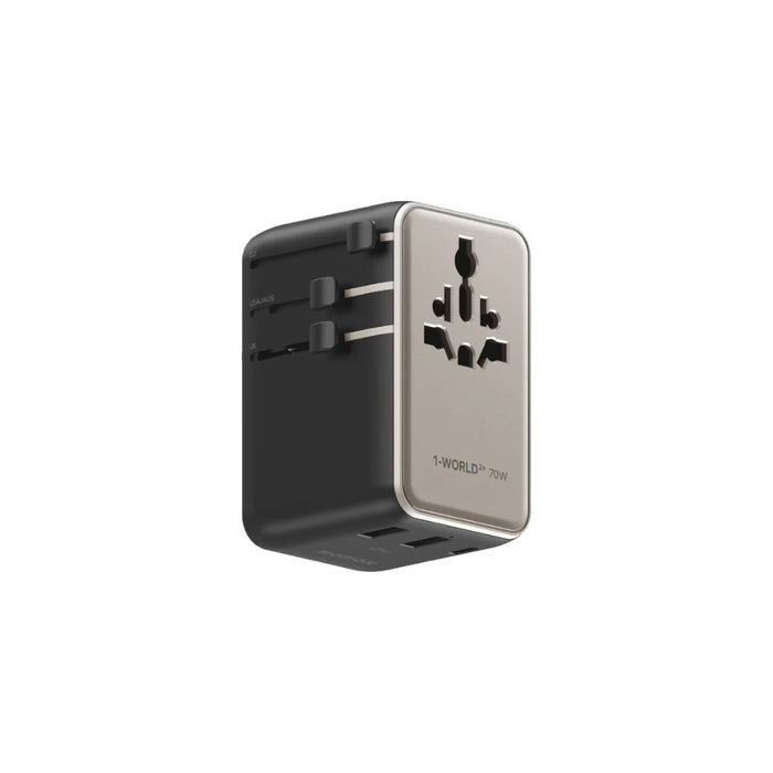 1-World²⁺ 70W 3-Port Dual AC Travel Adapter with Built-In Retractable Cable