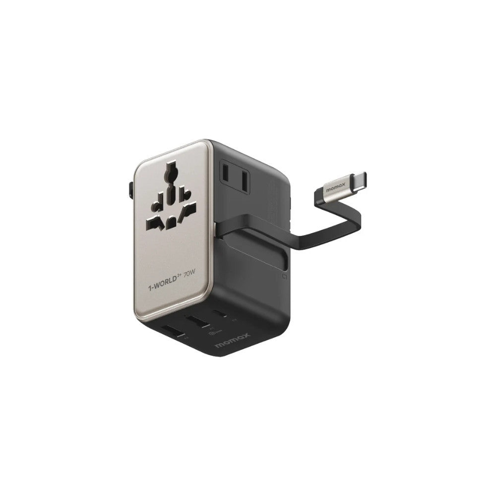 1-World²⁺ 70W 3-Port Dual AC Travel Adapter with Built-In Retractable Cable