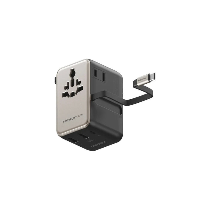 1-World²⁺ 70W 3-Port Dual AC Travel Adapter with Built-In Retractable Cable