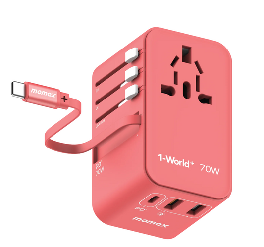 1-World 3-Port GaN + AC Travel Adapter 70W