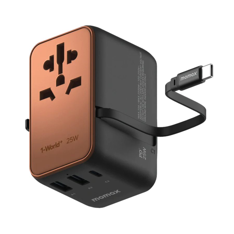 1-World+ 3-Port Travel Charger Built-In USB-C Cable 25W Wall Charger