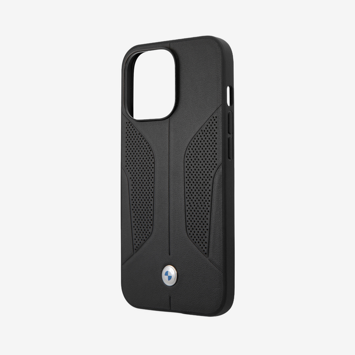 Black Seat Perforated Sides & Debossed Lines Leather Case For iPhone 13 Series